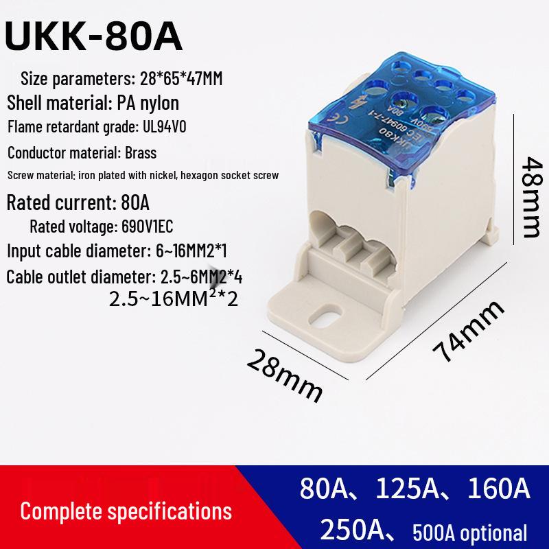 

UKK80 1-In 6-Out DIN Rail Brass Junction Box with Snap-On Terminal Block
