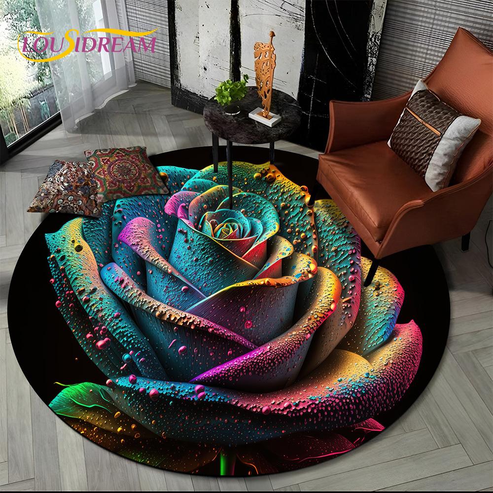 Luxuriöser Sonnenblumen 3D Rosen Nordische Gänseblümchen Runder Teppich Teppich für Wohnzimmer Schlafzimmer Sofa Dekor, Kinderbereich Teppich Rutschfeste Bodenmatte Geschenk