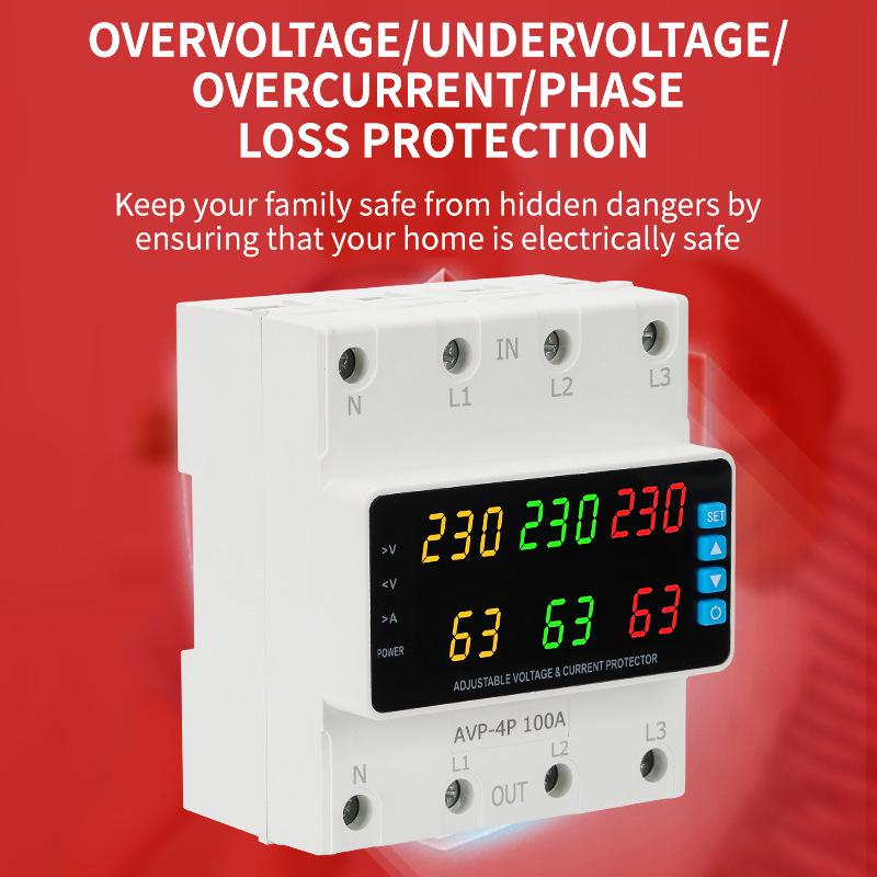 Three-Phase Digital Voltage Protector with 6-Display ATS, Overcurrent Protection, 63A/100A Capacity, 230V.