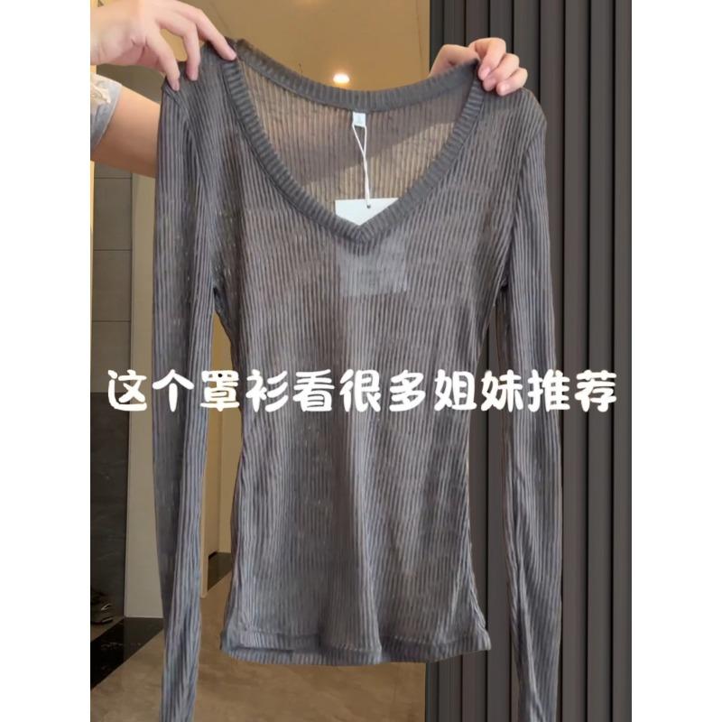 

Вязаная тонкая микропрозрачная блузка от солнца, футболка с длинным рукавом, ранняя весна, сексуальный большой вырез, облегающая, тонкая, Spice girl bm XL темно-серого