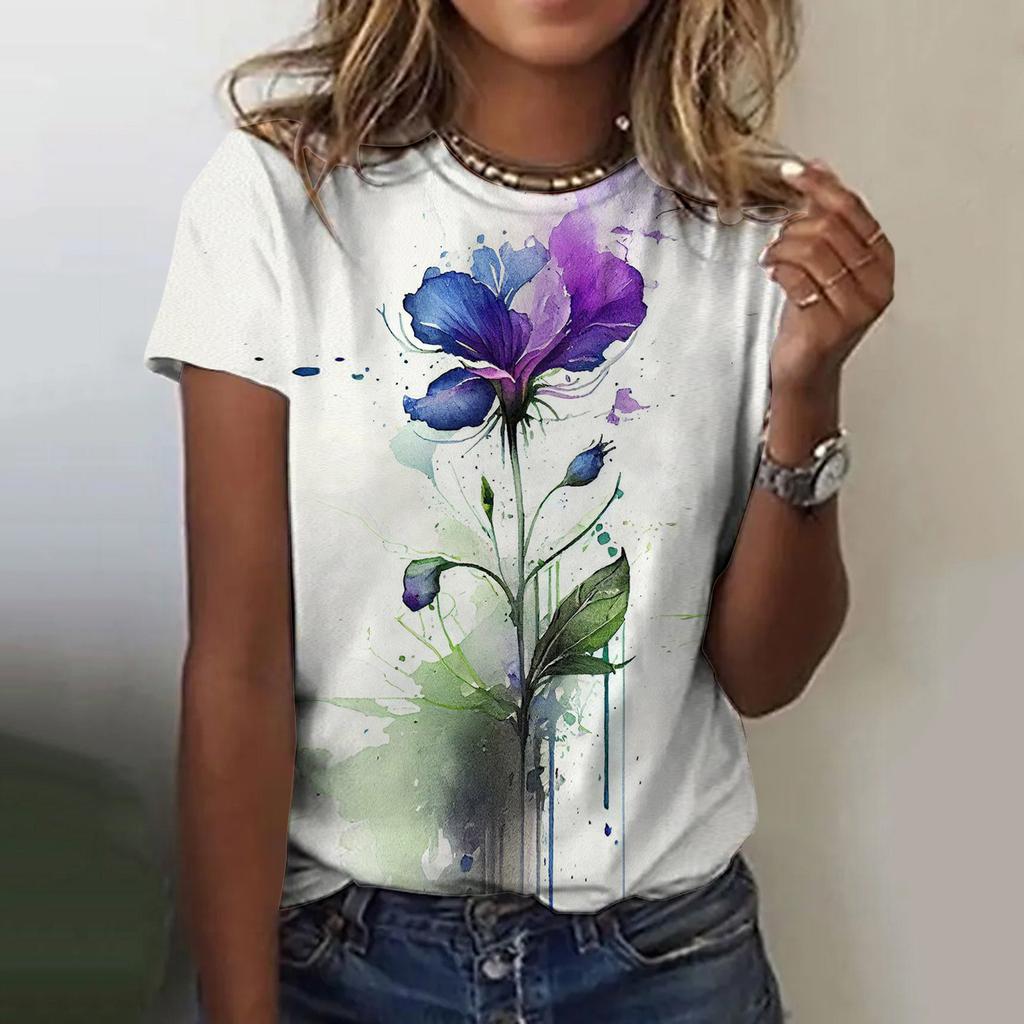 Summer Printed Digital Floral Multi-color Gradient 3D Short Sleeved Women's Round Neck T-shirt