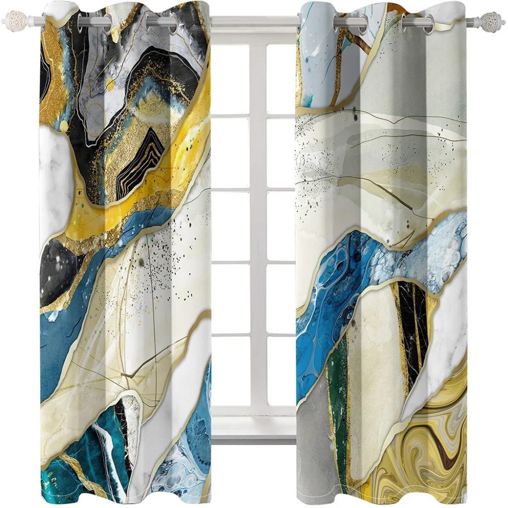 Yellow Azure Gray Golden Rim Marble Texture Print Drapes for Bedchamber Livingroom Space Kitchen Bathroom Windowpane Shutters cortinas
