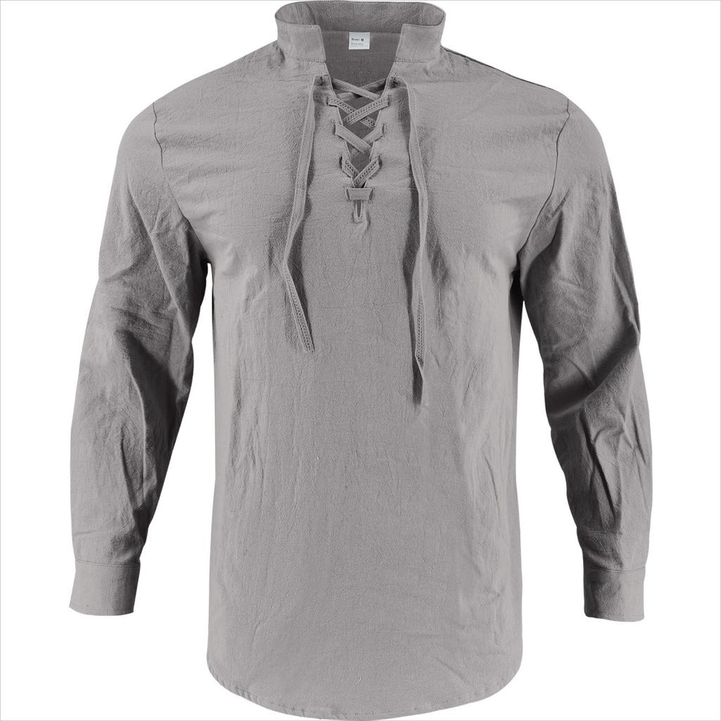 Men's Vintage V-neck T-shirt Cotton Linen Pirate Medieval Viking Gothic Tops Shirts Long Sleeved Cospaly Halloween Party Top