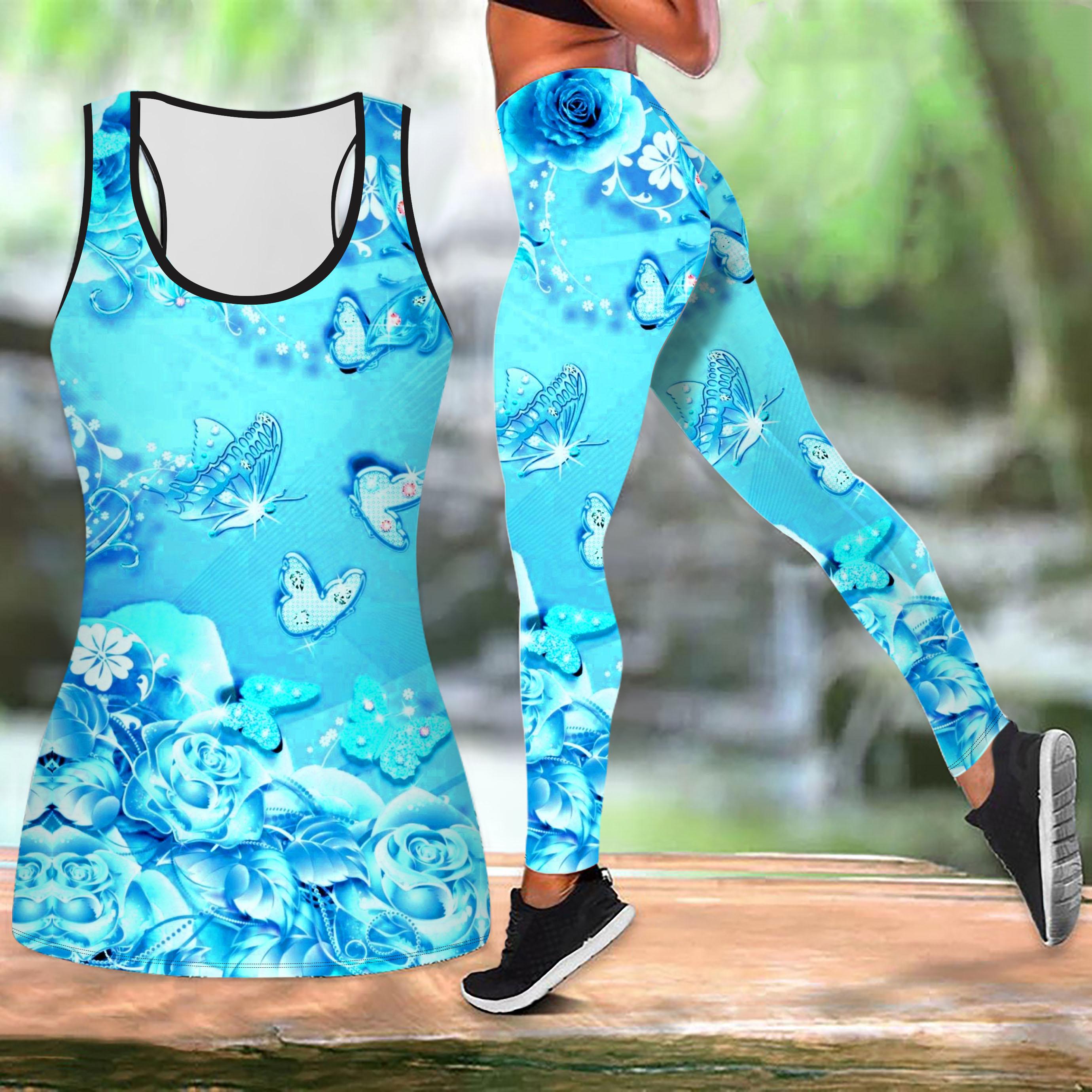 

Наряд для йоги с принтом роз и бабочек для женщин, модные леггинсы для тренировок, фитнес, спорт, повседневный комплект для йоги, спортивный костюм 8XL светло-синий