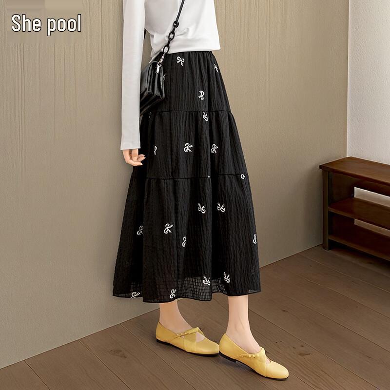 

Women s Elastic Waist Bow A-line Midi Skirt L