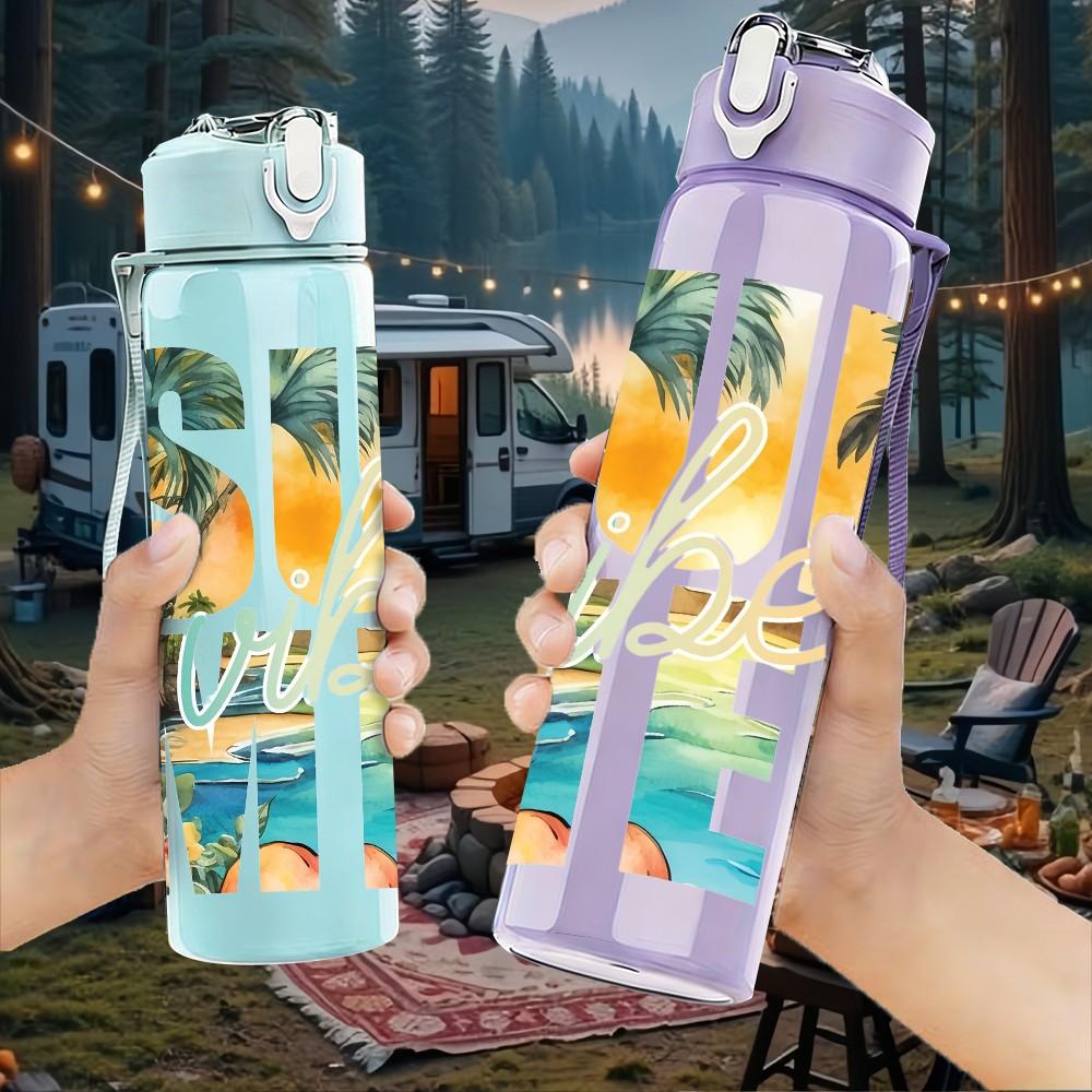1PC Summer Bold Distressed Retro Slogan Lettering 750ml Color Plastic Sports Water Bottle Leakproof Flip Straw Lid Suitable for Sports Office Home Use