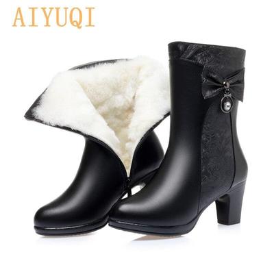 Winter Boots Women Wool Keep Warm  Genuine Leather Shoes Woman Boots Fashion Bow Female Fashion Boots Thick Heel
