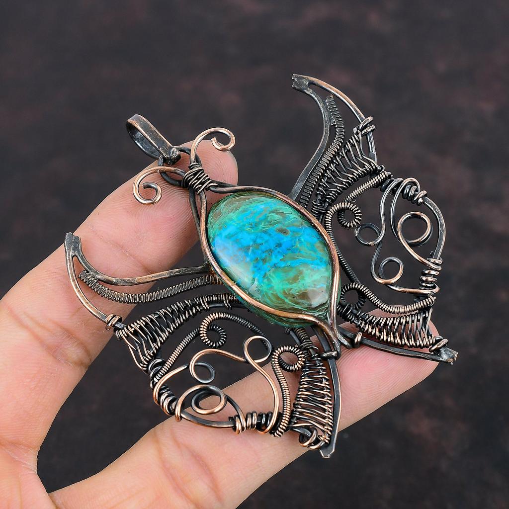 Chrysokoll Anhänger Kupferdraht umwickelter Schmetterlingsanhänger Edelsteinanhänger Drahtwickelschmuck Handgefertigter Anhänger Kupferschmuck Hochzeitsgeschenke