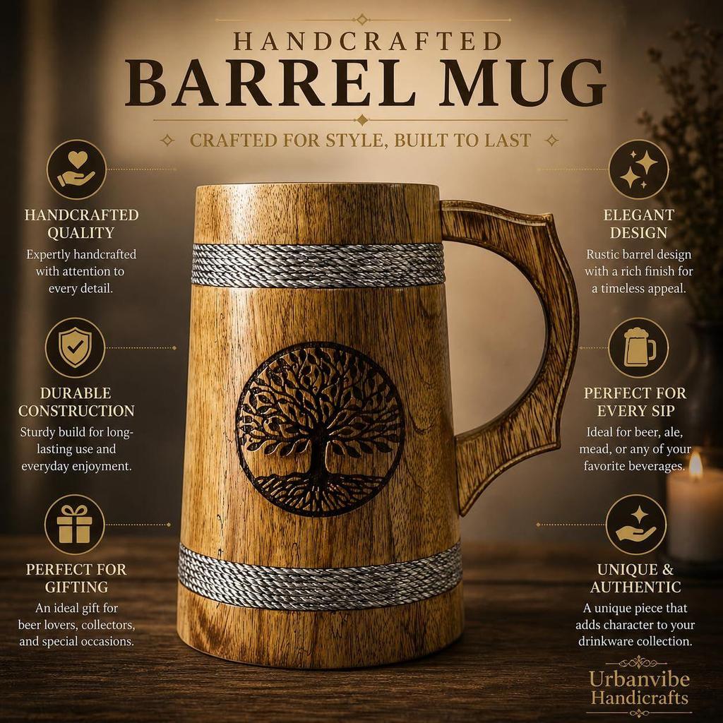 Handmade Wooden Beer Mug, Wood with Sheesham Finish, Barrel Style, Lightweight & Durable, for Craft Beer, Home Bar, Café, Party, Gift(350ml)