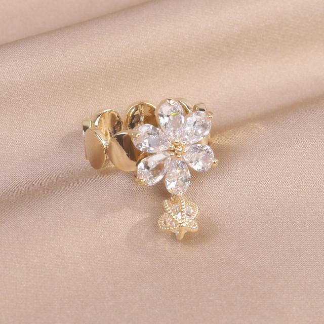 Módní šperky 14K pravé pozlacené lesklé květinové zirkony s dutou kuličkou a přívěskem Elegantní dámský nastavitelný otevírací prsten