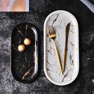 Marble Texture Nordic Marble Tray Porcelain Material Oval Shape Western Dish Luxury Design Glazed Golden Pattern Dessert Dish
