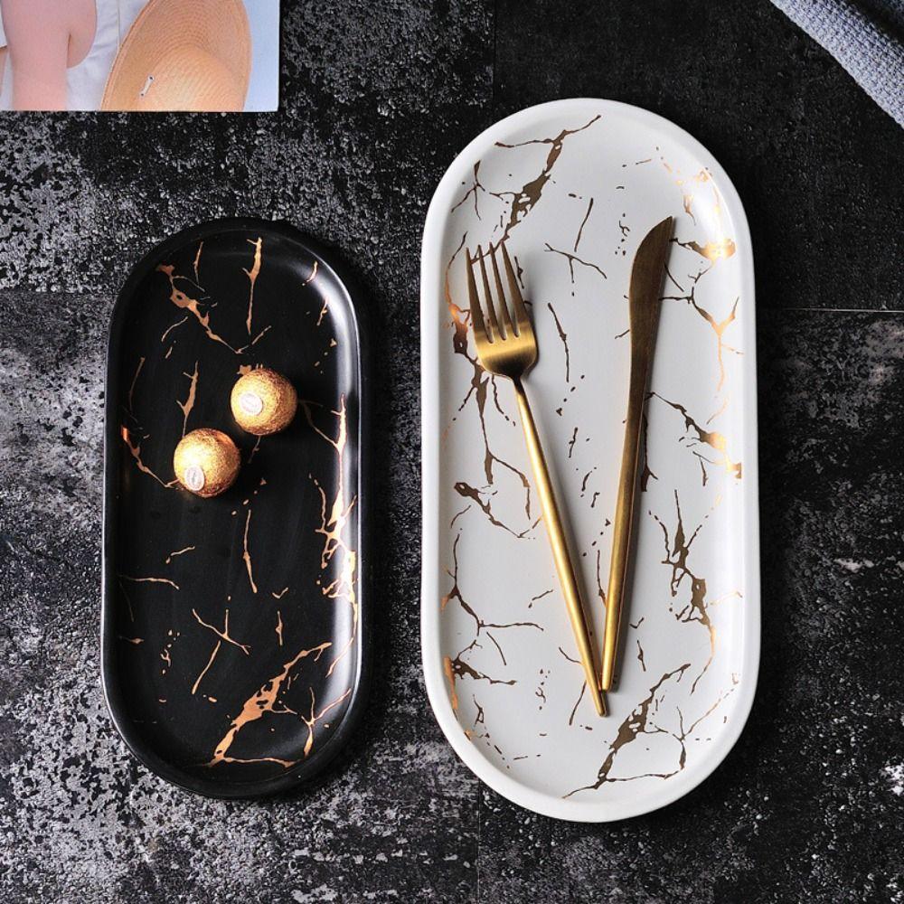 Glazed Golden Pattern Nordic Marble Tray Porcelain Material Western Dish  Jewelry Display