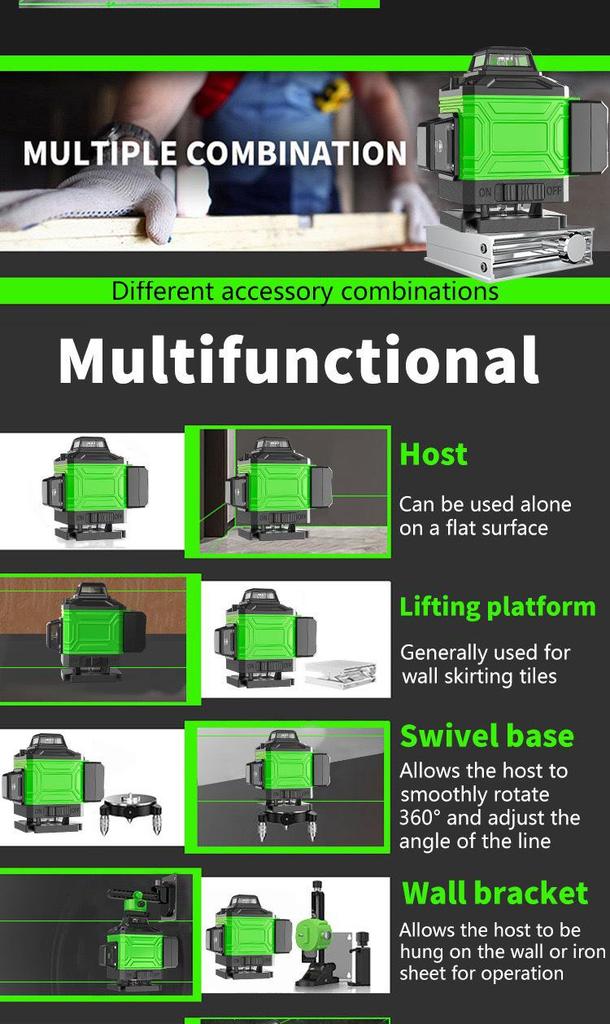Model A Green Infrared Laser Level with 8/12/16 Lines and Floor/Wall Stickers for Cross-Border Use