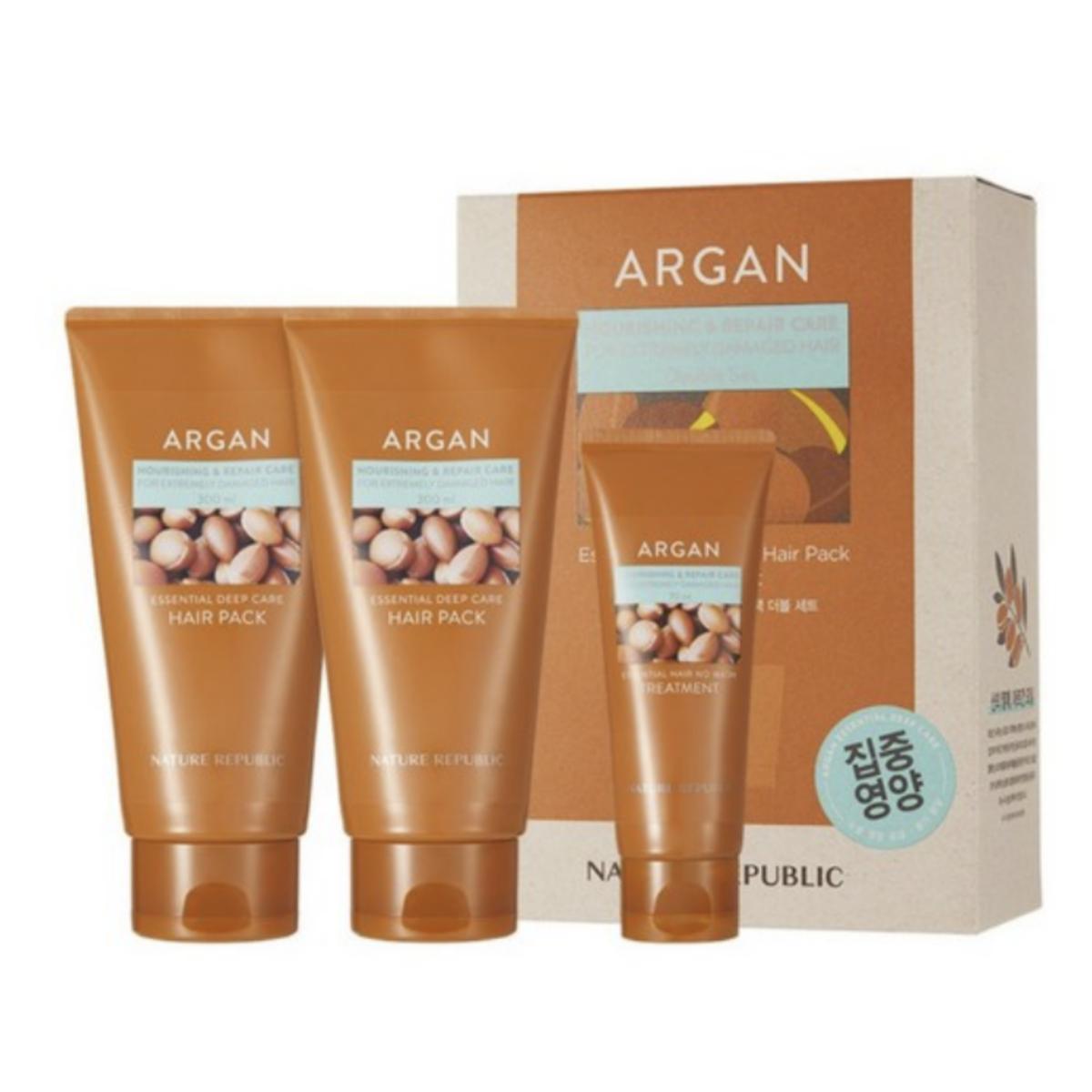 

Nature Republic Argan Essential Deep Care Hair Pack Double Set 670 мл (Маска для волос 600 мл, Уход 70 мл)