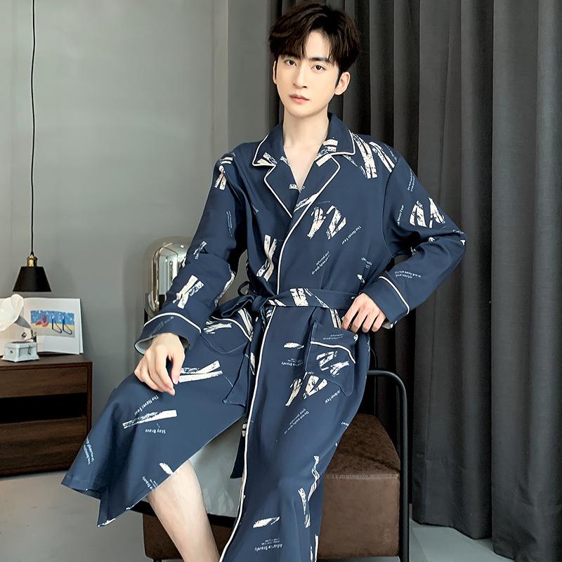 Men's 2025 Spring/Autumn Pure Cotton Long Sleeve Mid-Length Bathrobe