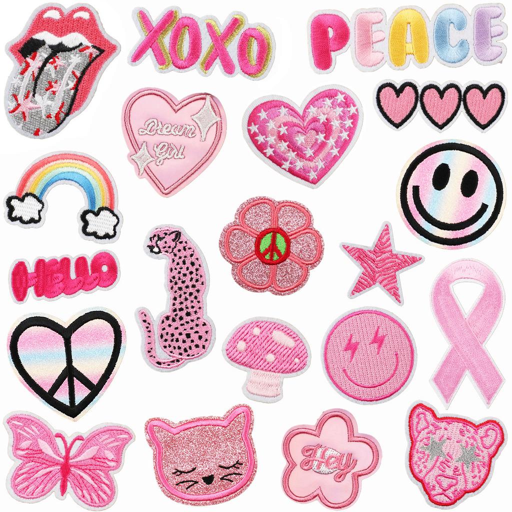 New Pink Butterfly Embroidery Cloth Sticker Cartoon Bus Patch Sticker Bag Decoration Flower Embroidery Label