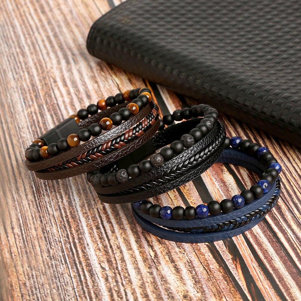 Men Leather Bracelet Classic Fashion Tiger Eye Beaded Multi Layer Leather Bracelet For Men Zircon Gift
