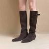 Retro Brown Inner Height Increase Matte Leather Knight Boots Women's 2025 New Belt Buckle But Knee Folds Two Wear Boots