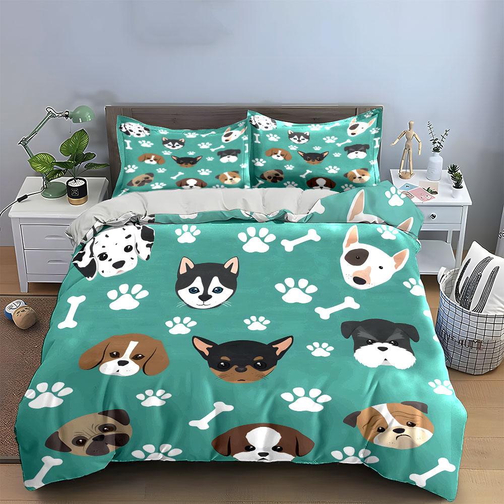 Cute Dog Faces and Paw Prints Bedding Duvet Cover Set (1*Duvet Cover 2*Pillowcases, without duvet insert)