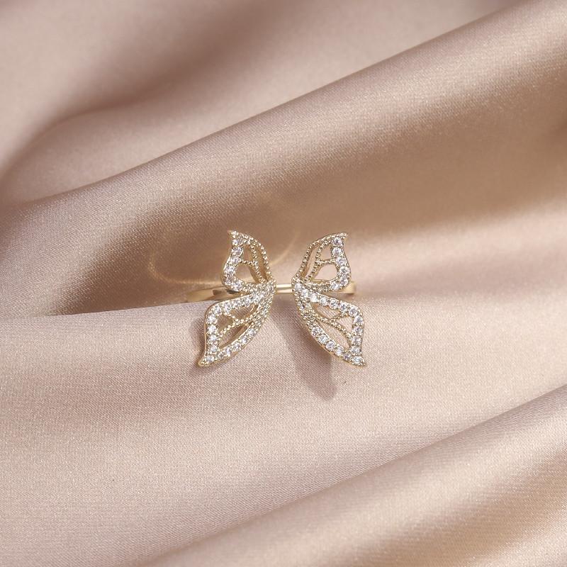 Korea  Design Fashion Jewelry 14K Real Gold plating Zircon Hollow Butterfly Ring Elegant Women's Daily Work Accessories