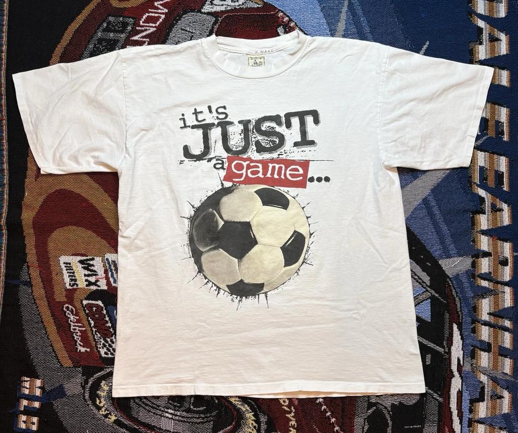 Vintage Soccer Shirt Big Ball Sports Tee Men’s XL 90s Just A Game…Yeah Right