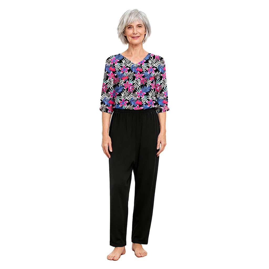 S-XXL Women Alzheimer Elderly Anti-Strip Adaptive Printed Jumpsuit V Neck 3/4 Sleeve Wide Leg Back Zipper Nursing Rompers for Special Needs