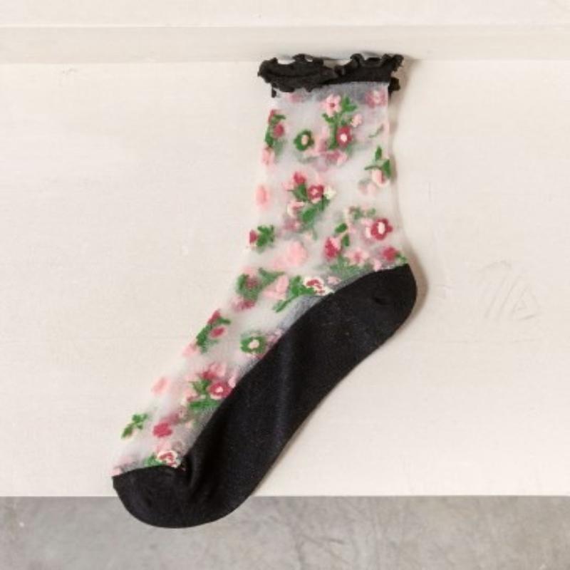 Flower Embroidery Women's Socks Summer Ultra-thin Transparent Crystal Silk Socks Women Japanese Breathable Medium Tube Socks Sox