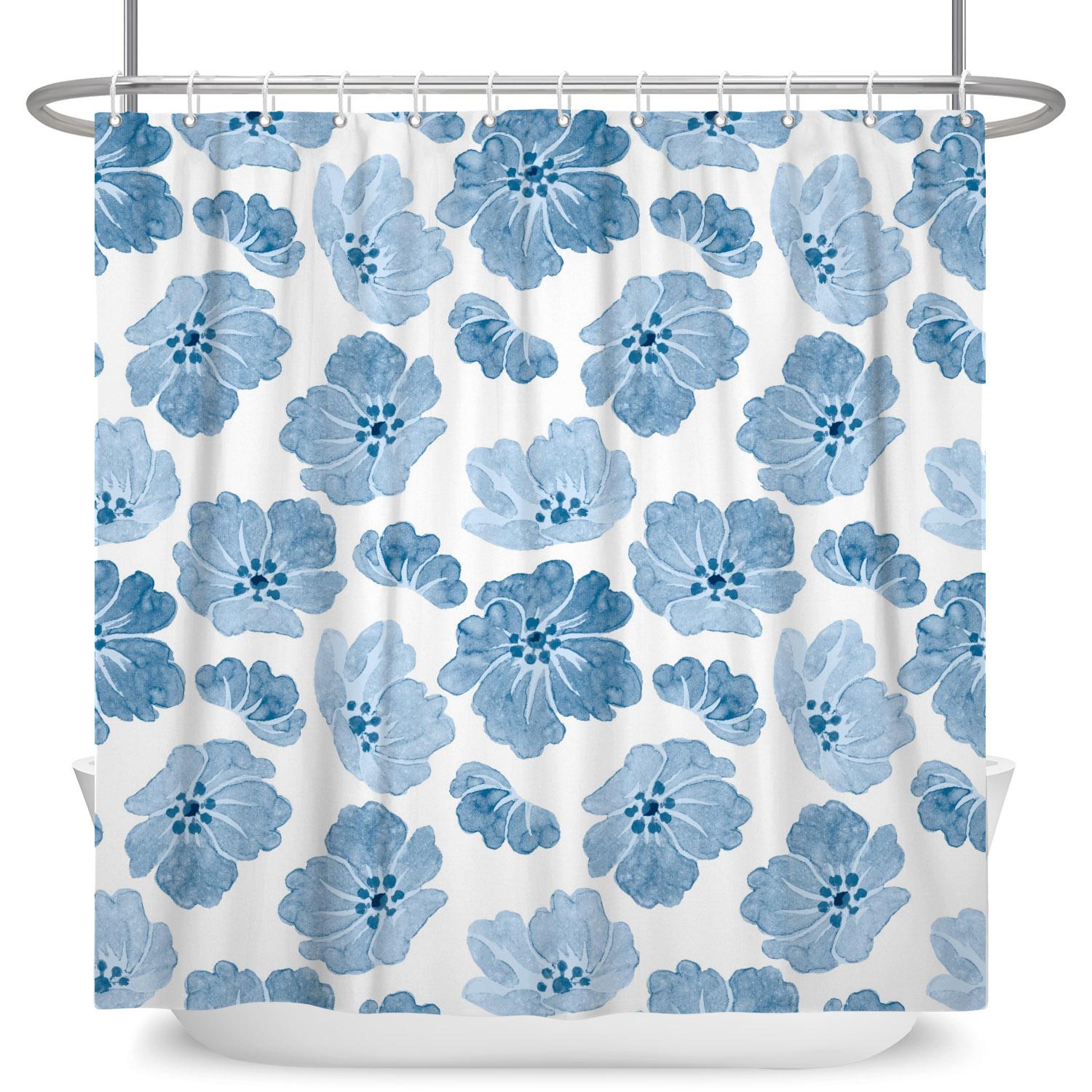 

Blue Floral Shower Curtain Watercolor Botanical Leaf Flower Print Waterproof Bath Curtain For Bathroom Decor Polyester With Hook W90cm x H180cm