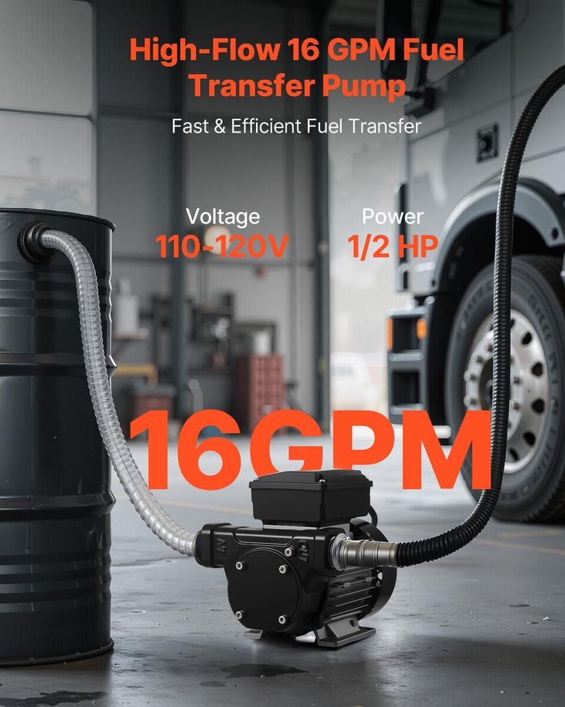 Fuel Transfer Pump 230V, 16 GPM 60 L/min, AC Electric Oil Transfer Pump for Diesel Kerosene Biodiesel, with Auto Fuel Nozzle & 2 Hoses, 45 ft/13.7 m