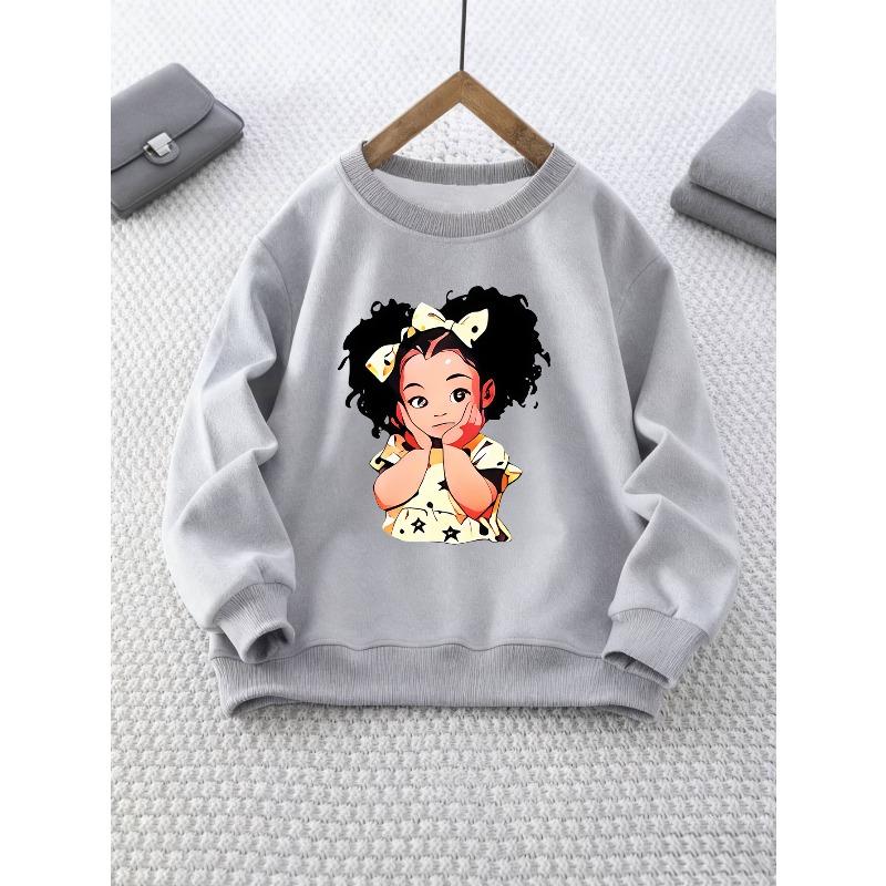 Girl's Round Neck Sweatshirt with Cartoon Girl Print, Long Sleeve Top for Weekend Outings and School Fashion