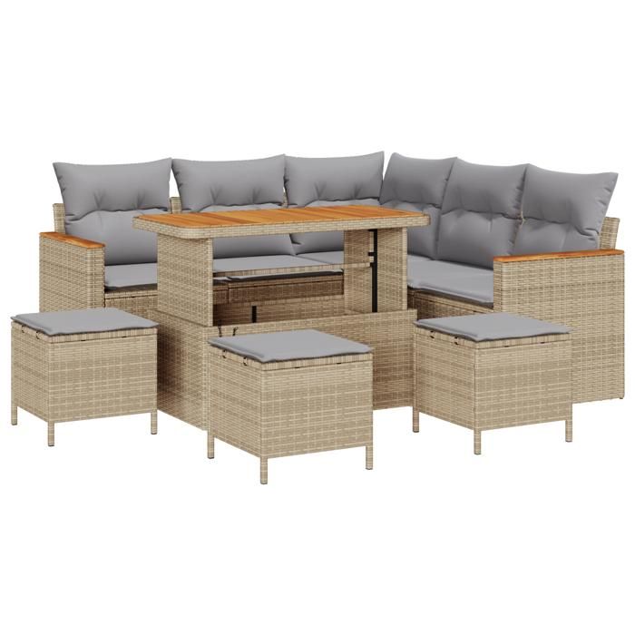 Ensemble de Canapé de Jardin 9 Pièces avec Coussins Beige en Rattan Poly Acacia, Ensemble de Salle à Manger de Jardin 4 3363052