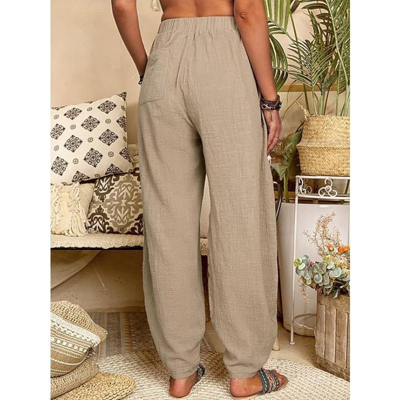 Haremshose für Damen, Sommer, lässig, Retro, große Größe, Hose aus Baumwolle und Leinen, elastische Taille, Hose mit weitem Bein, Haushose
