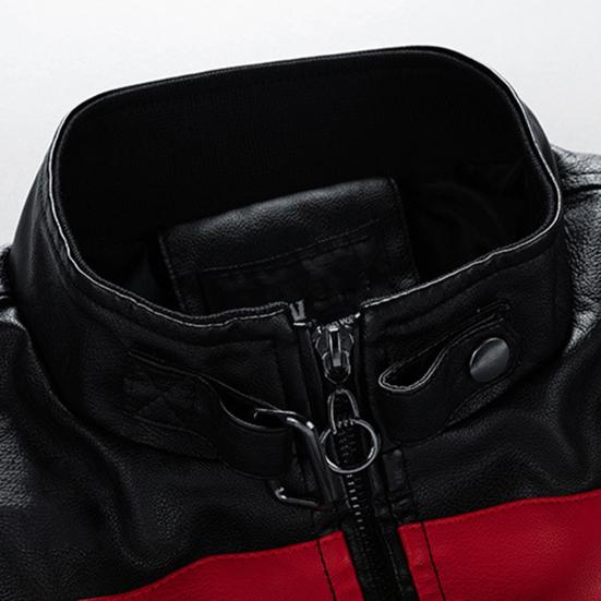 Men Jacket Color Block Long Sleeve Pockets Stand Collar Faux Leather Zipper Coat for Working