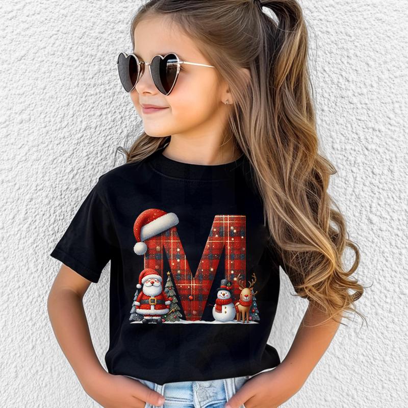 Personalized Kids Christmas T-shirt with A-Z Alphabet Print, Santa Hat Design for Boys & Girls