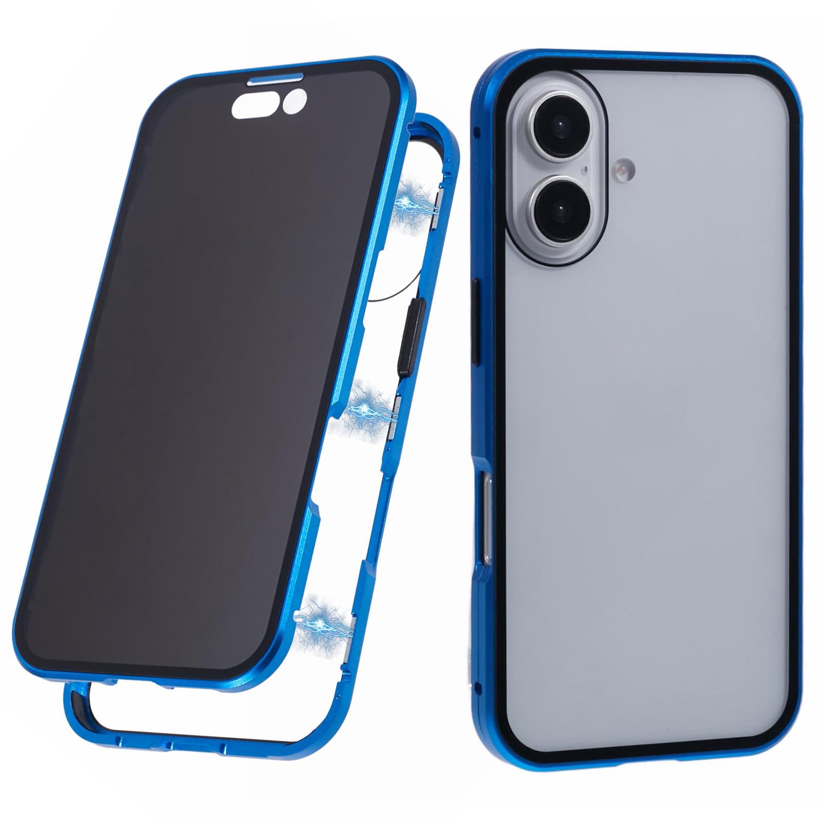 

For iPhone 16 Anti-Spy Case Magnetic Metal Frame+Double-Sided Tempered Glass Phone Cover Dark Blue