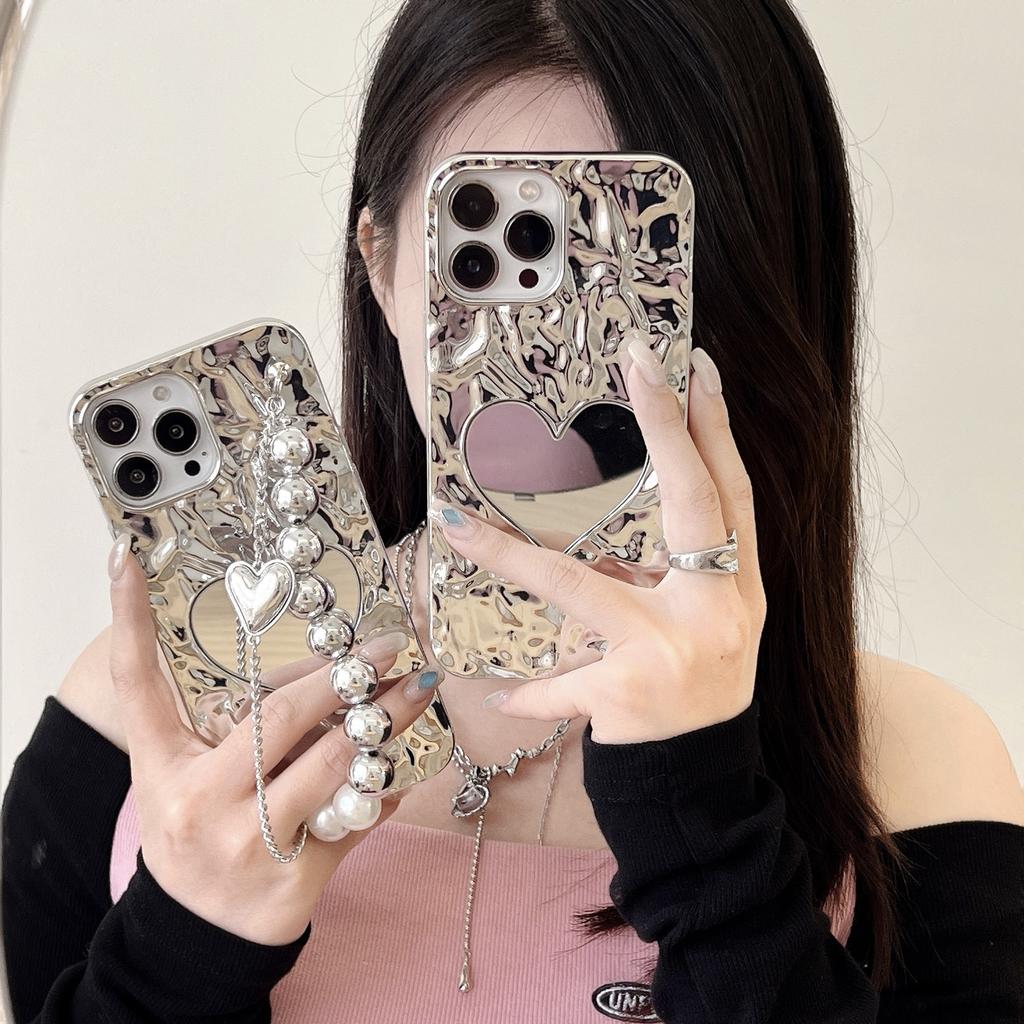 Niche INS Electroplated Heart Mirror Chain Compatible with iPhone 16 Apple 17 Pro Max Phone Case 15 for Women 14