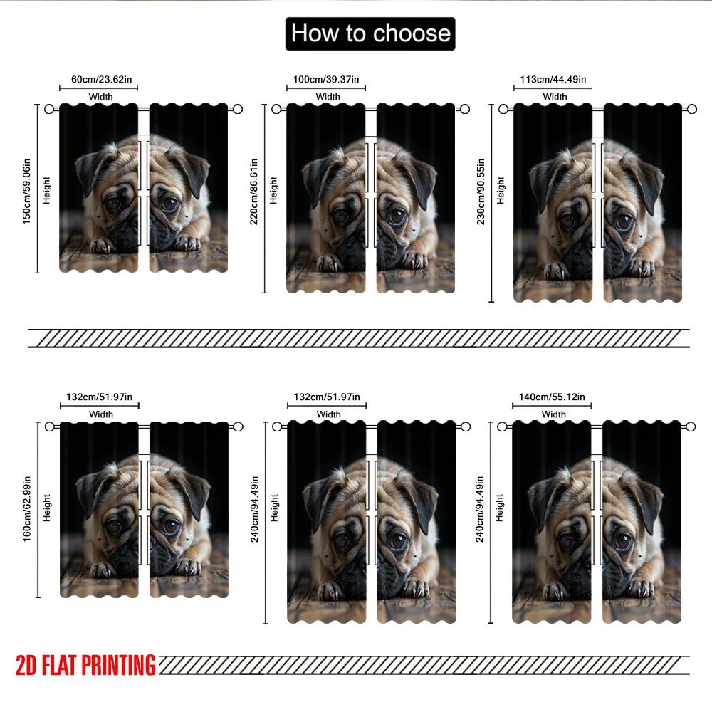 Flat Printing Window Treatment Curtains Cute Pug Puppy Portrait Digital Printed Polyester Drapes Family Party Decoration Curtain Set Of 2 Made