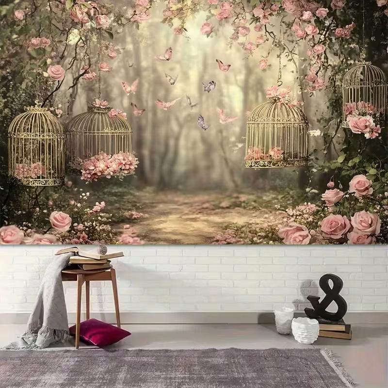 2D Pink Rose Forest Backdrop with Birdcages and Butterflies Background Cloth