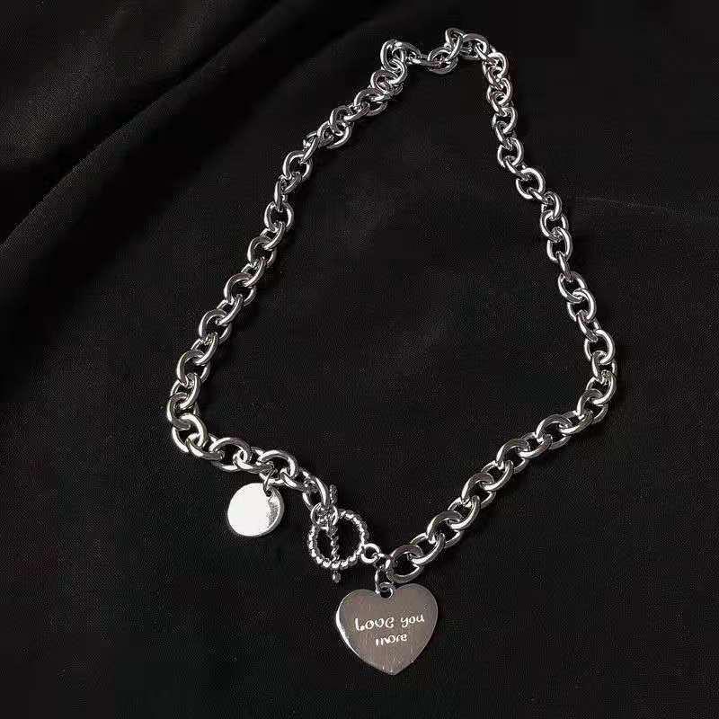 Trendy Titanium Steel Heart Necklace - Short Length Stainless Steel Letter Pendant Fashion Accessory