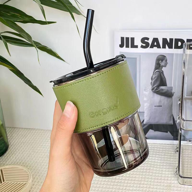 Tasse en Bambou Laser Colorée, Tasse à Eau en Verre pour Bureau, Tasse à Café Simple pour Boisson Ménagère avec Couvercle, Tasse à Paille Transparente