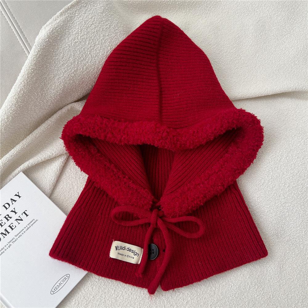 1pc Women's Drawstring Faux Collar Balaclava Hat,Outdoor Warm Knitted Face Neck Protective Hood Cape,for Winter Cold Protection