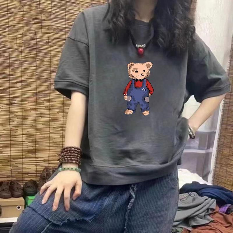 Nowy damski casualowy T-shirt z krótkim rękawem ze 100% bawełny, luźny krój, wyszczuplający rękaw do połowy ramienia z modnym nadrukiem, dostępny w dużych rozmiarach