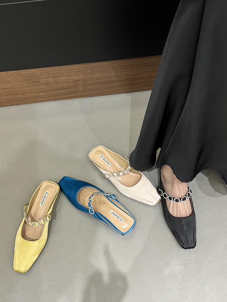 Women Crystal Mules Flats Slippers Designer Sandals 2025 New Dress Square-toe Leather Slides Summer Slingback Buckle De Mujer