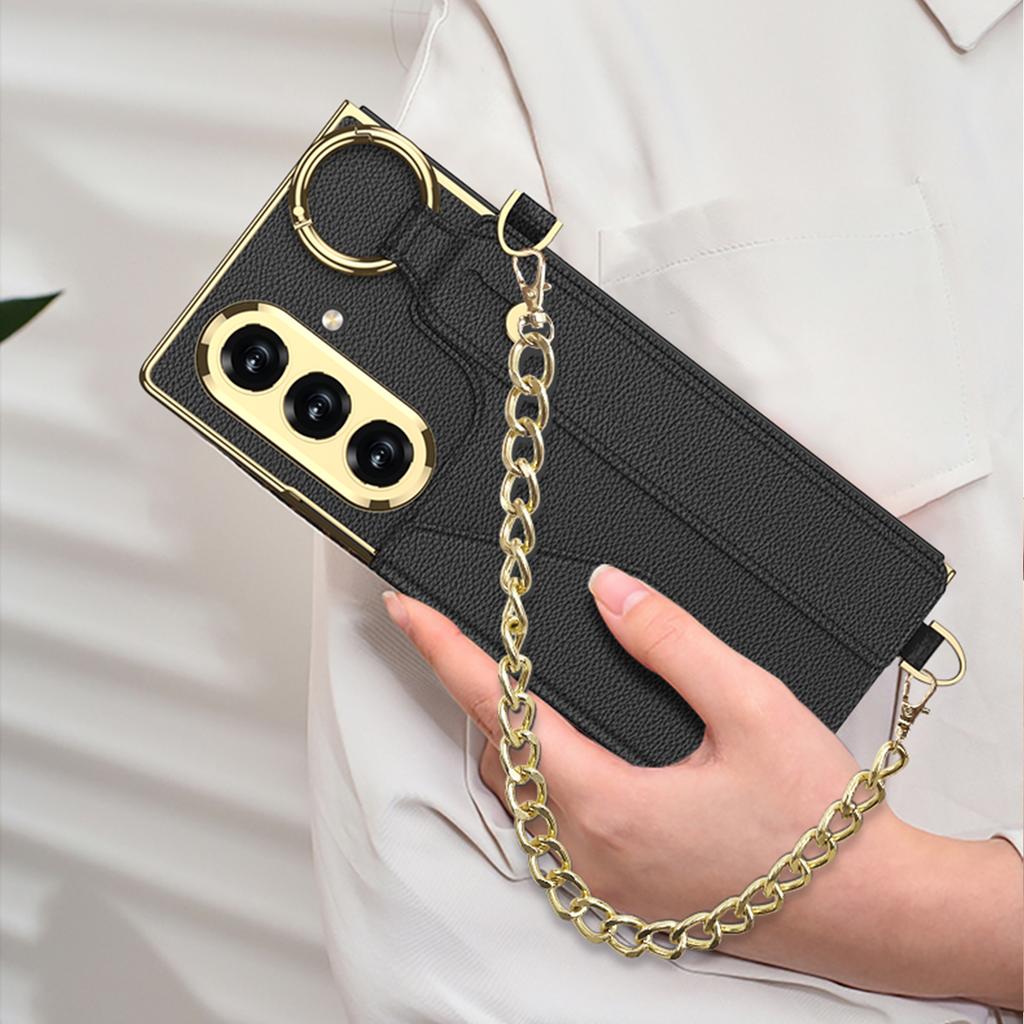 GKK Pro Samsung Galaxy Z Fold7 5G Pouzdro s PU Poutkem Stojánek/Kovový Řetízek Elektrogalvanizované PC Tvrzené Sklo Kryt na Telefon