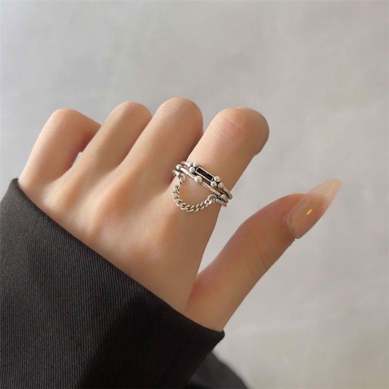Stamp Copper Color Ring For Women Girl Gift Multilayer Retro Black Rectangular Chain Jewelry Dropshipping