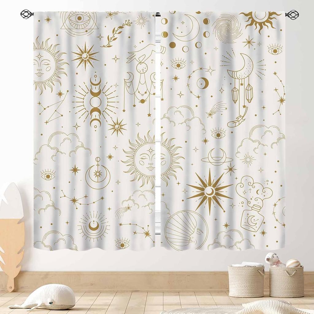 Wild Floral Moon Curtains, Boho Vintage Moon Phase Botanical Mid Century Moonlit Plants Aesthetic Spring Flower Blackout Window