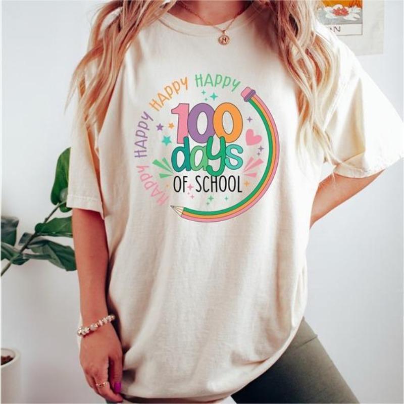 Women's Top 100 Days of School Printed High Street Trendy Fashion Casual Cotton T-Shirts Women’s