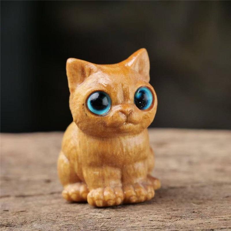 

5.5cm Taihang Thuja Wood Carved Cute Cat Ornament, Creative Wooden Cat Figurine, Animal Hand Piece, Mini Birthday Gift for Home Decor & Collection