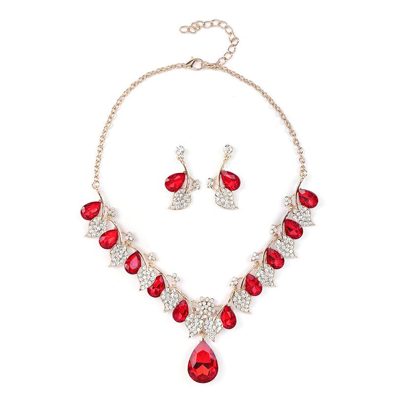 Ethnic Style Retro Gemstone Necklace & Leaf Water Drop Jewelry Set