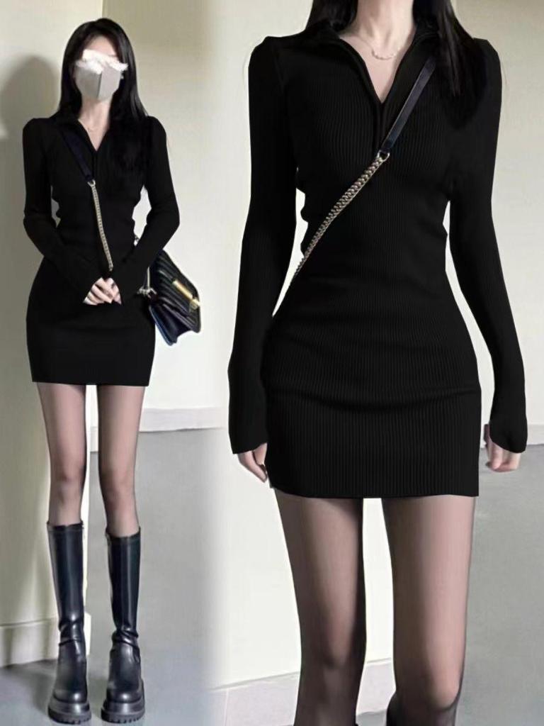 2026 Autumn/Winter Knit Slim-Fit Long Sleeve Little Black Dress